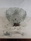 Pressed Glass Punch Bowl, Ladle & 12 Cups