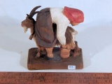 Vintage Carved Wooden Figure - Billy Goat Being Milked By Woman, 4½