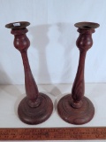 Pair Wooden Candlesticks W/ Brass Bobeches - 12