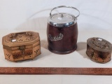 English Oak Biscuit Jar; 2 Brass Betel Boxes