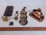 Bronzed Baby Shoe Bookend; Horse Brasses; Leather Billfold W/ Enameled Clas