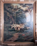 Oil On Canvas - Sheep Herder W/ Flock, Some Repair & 1 Tear, Signed Julia K