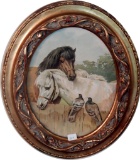 Early Print - Horses W/ Doves, Oval Frame W/ Glass, 13½