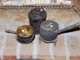 Iron Pot W/ Metal Handle & Lid; Trivet; Pierced Metal Lantern; Cast Iron &