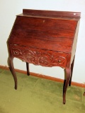 Carved Mahogany Early 1900s Ladies Drop-Front Desk