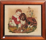 Early Needlepoint - Child W Dog - Wooden Frame W/ Glass, Overall 18