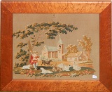 Early Needlepoint - Scenic W/ Child & Animals, Some Loss, Framed W/ Glass,