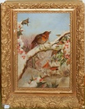 Old Oil On Canvas - Bird On Holly Tree Winter Scene, Ornate Frame, Some Los