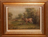 Old Oil On Canvas - Cow Pastural, Gold Frame, 24