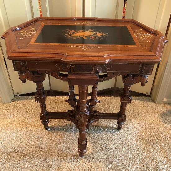 Incredible Victorian Parlor Table W/ Inlay & Glass Top - 32½"w X 22"d X 28"