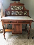 Marble-Top English Washstand W/ Green Transferware Tile Back - 43