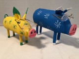 2 Hand Painted Carved Pigs W/ Glasses - Signed Charlene Watchman, Blue 1 Is