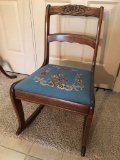 Carved Rose Back Sewing Rocker W/ Nice Needlepoint Seat