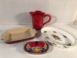 Mexico Hand Painted Butter Dish; LeCreuset Baker; Royal Albert Dish; Red Le