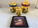 Set Of 3 Hand Painted Cannisters; Tuscan Trivet