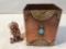 Copper Box W/ Applied Brass & Turquoise Decoration; Small Figure Of Seated