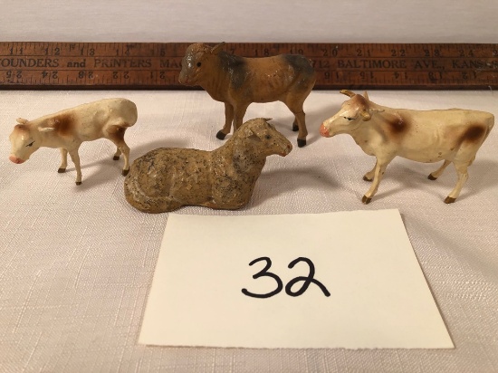 3 Cow Figures & 1 Sheep - Composite, Wood Stick Legs, Putz Germany Etc.