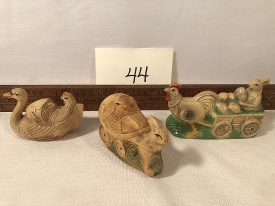 Chicken Pulling A Rabbit Celluloid Rattle; Celluloid Swan & Chicken; Cellul