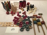Old Wooden Tabletop Croquet Set; Bowling Set; Game Pieces; Dice; Carrom Gam