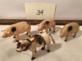 3 Pig Figures & 1 Cow Figure - Wood Stick Legs, 1 Pig Missing Ears, Putz Ge