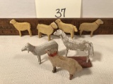 6 Old Painted Sheep Figures - 1 As Is, Wooden Stick Legs