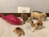 5 Celluloid Animals - Camel, Turtle, Fish, Elephant, Lion