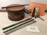 Old Musical Instruments - Includes 3 Litho Whistles, Tambourine, Tin Whistl