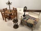 Lot Misc. Doll House Furniture; Vintage & Hand Pieced Quilt On Toy Bed - 80