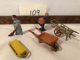 Kilgore Co. Orange Wheelbarrow; Metal Cart; Man & Pumpkin Figure; Sleeping
