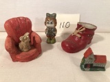 Vintage Chalk Dog In Chair; House; Ceramic Boot; Big-Eyed Girl Figure