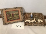 Composition Shepherd W/ Wooden Stick Legs - Made In Germany; 3 Sheep In Box
