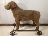 Old Pull Toy Dog On Iron Wheels - Many Holes & Missing 1 Eye, 16