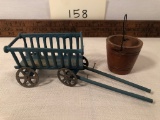 Old Composition Cart W/ Metal Wheels; Old Small Wooden Bucket
