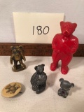 Red Plastic Bear Rattle; Cast Brass Rupert Bear; 2 Small Pewter Bear Figure