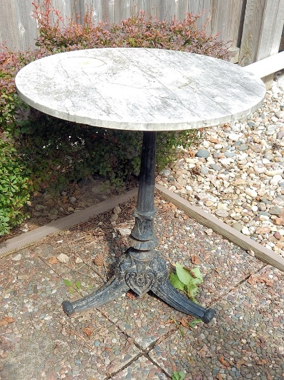 Vintage Stone-Top Bistro Table W/ Heavy Antique Iron Base