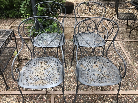 4 Vintage Woodard Wrought Iron Straight-Leg Patio Chairs W/ Scroll Arms & C