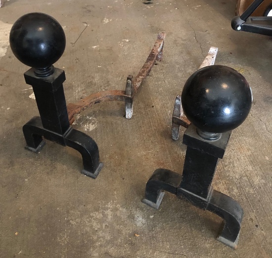 Pair Heavy Vintage Cannonball Andirons