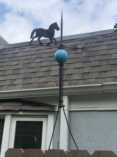 Old Iron Weathervane W/ Milk Glass Ball - Horse Motif