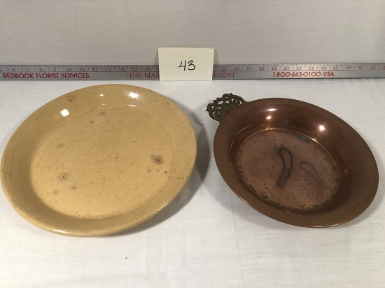 WM210 Heavy Copper Pan W/ Brass Handle; Old Yellowware Pie Baker
