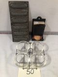 Set Of 4 Glasbake Ramekins In Iron Holder; Tin Match Holder; Old Metal Mold