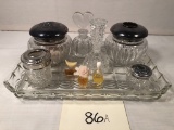 Glass Dresser Tray; 2 Hair Receivers; Crystal Powder Dish; 2 Perfume Bottle