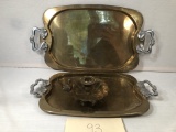 2 Pewter & Brass Art Nouveau Style Trays; Brass Candleholder W/ Bird Handle