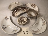 Brown & White Transferware Cup; 4 Butter Pats; 5 Bone Dishes