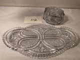 Pressed Glass Dresser Tray; Heisey Cut Glass Powder Box