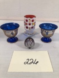 Bohemian Cut To Cranberry Enameled Toothpick Holder; Pair Cobalt Blue Hand