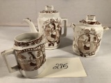 3-piece Brown Transferware Tea Service - Staffordshire England, Chip On Tea