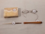 Alabaster Book; Mother Of Pearl Pen; Celluloid Cigarette Holder; Pair Of Gl