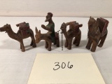 Small Hand Carved Donkey & Man Figure; 3 Small Hand Carved Camel Figures, 2