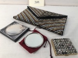 2 Small Mirrors In Cases; Vintage Compact; Vintage Sequined Bag