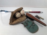 Old Rawlings Baseball Glove W/ Baseballs; Leather Marble Bag; Leather-Handl